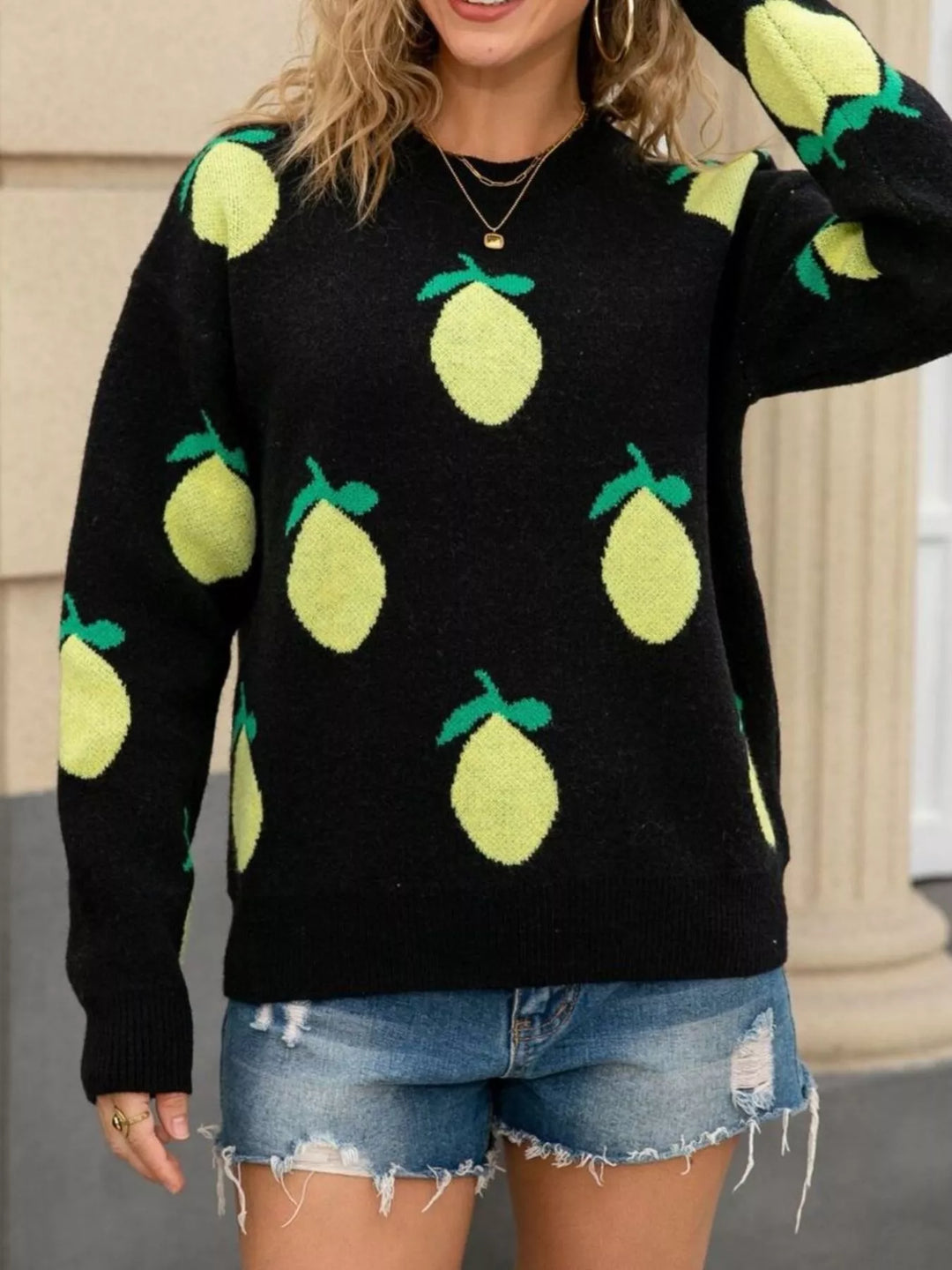 Lemon motif crew neck knit sweater with ribbed trim