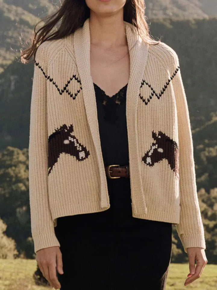 Beige Open-front sailboat knit long sleeve cardigan