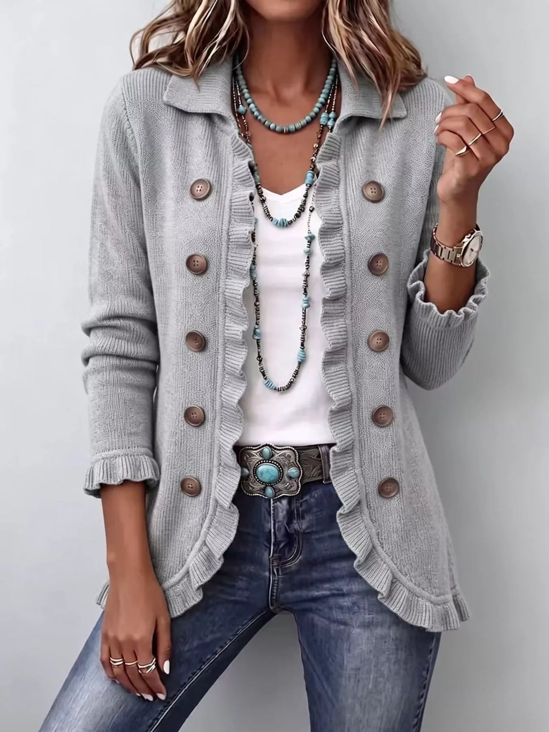 Gray Ruffle trim knit cardigan with collar and decorative buttons