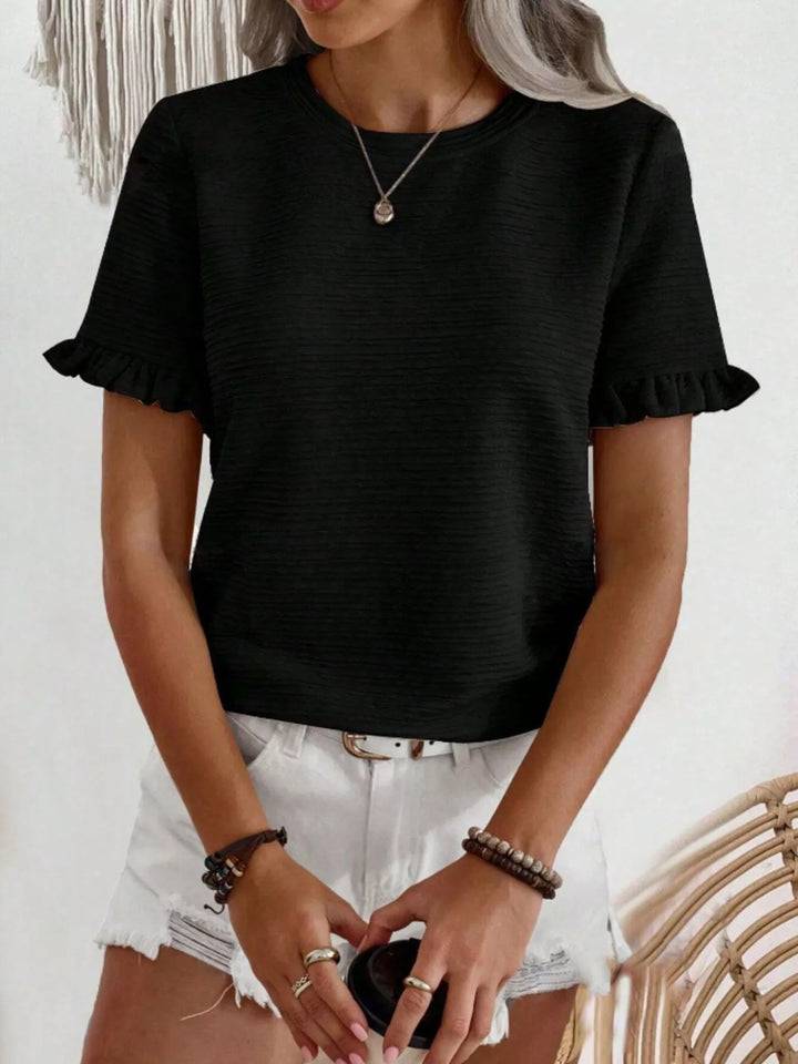 Black Ruffle-cuff crew neck top with crinkle texture