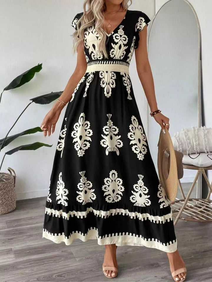 Ornate print v-neck maxi dress with flutter sleeves