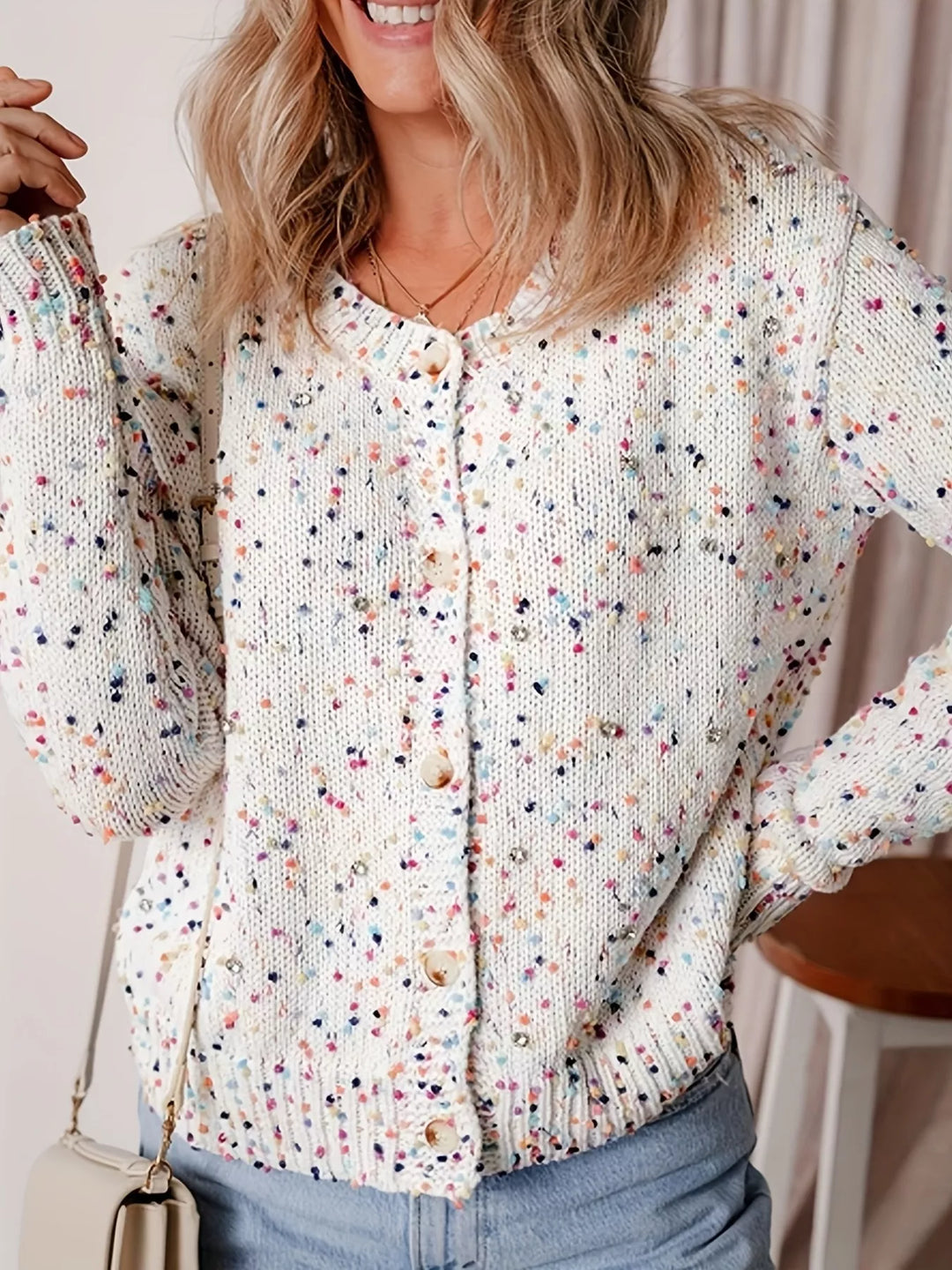 Speckled boucle knit button-front collared cardigan