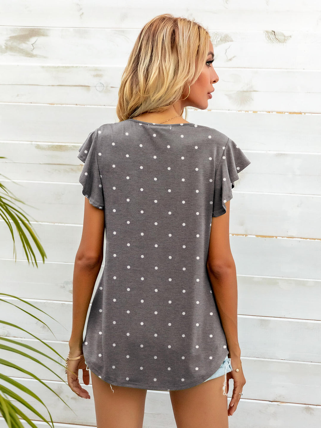 Ruffled butterfly cap sleeve round neck top