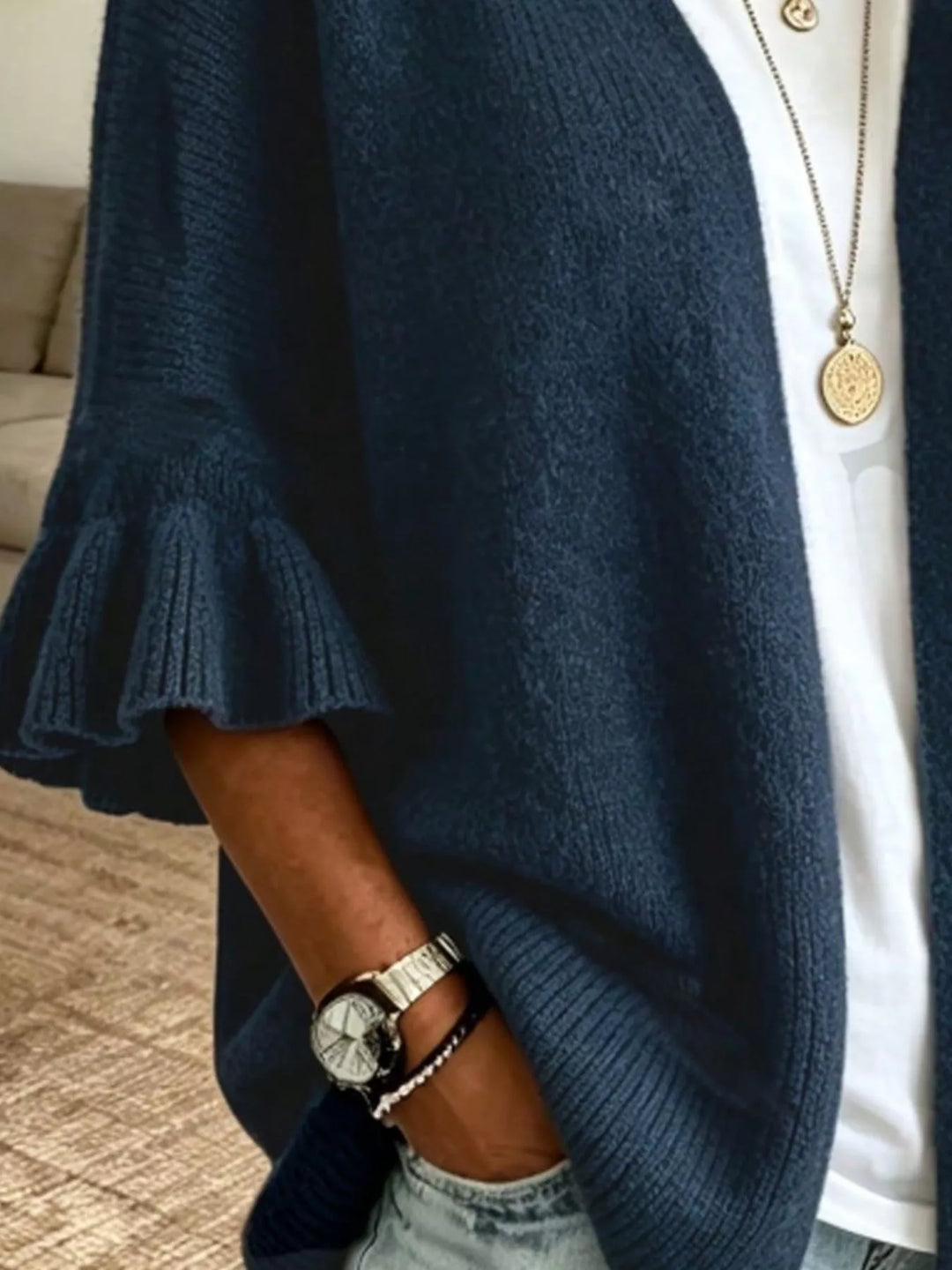 Ruffle bell sleeve open-front knit cardigan