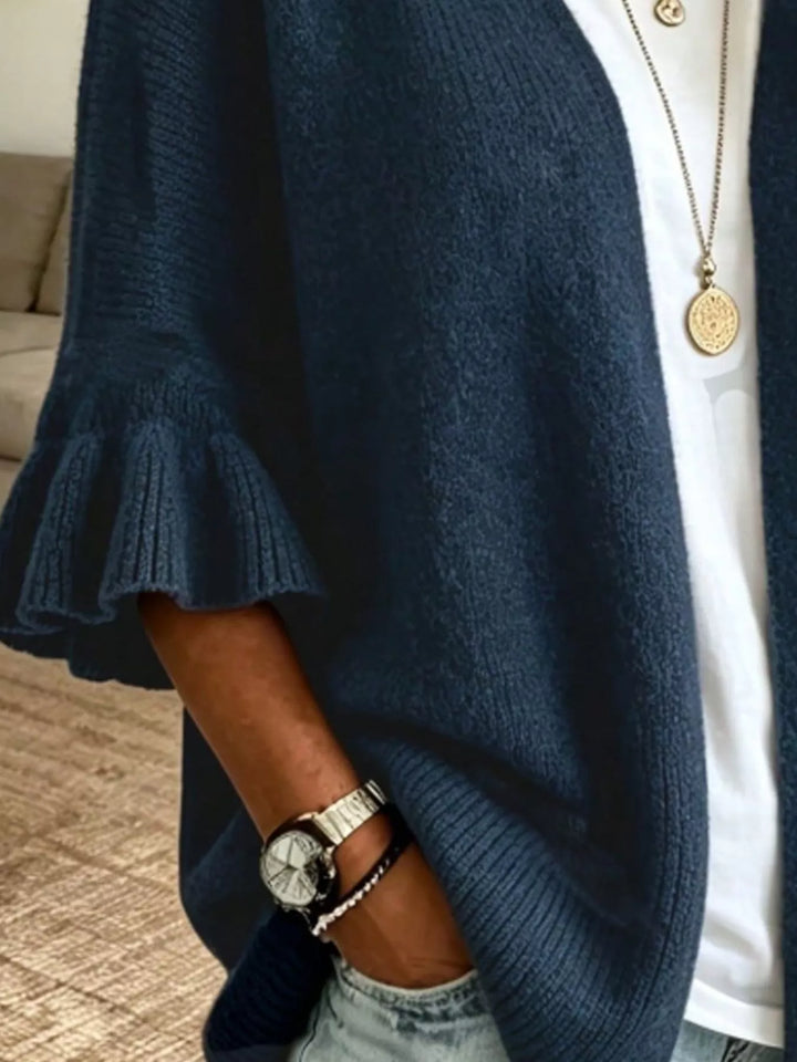 Ruffle bell sleeve open-front knit cardigan