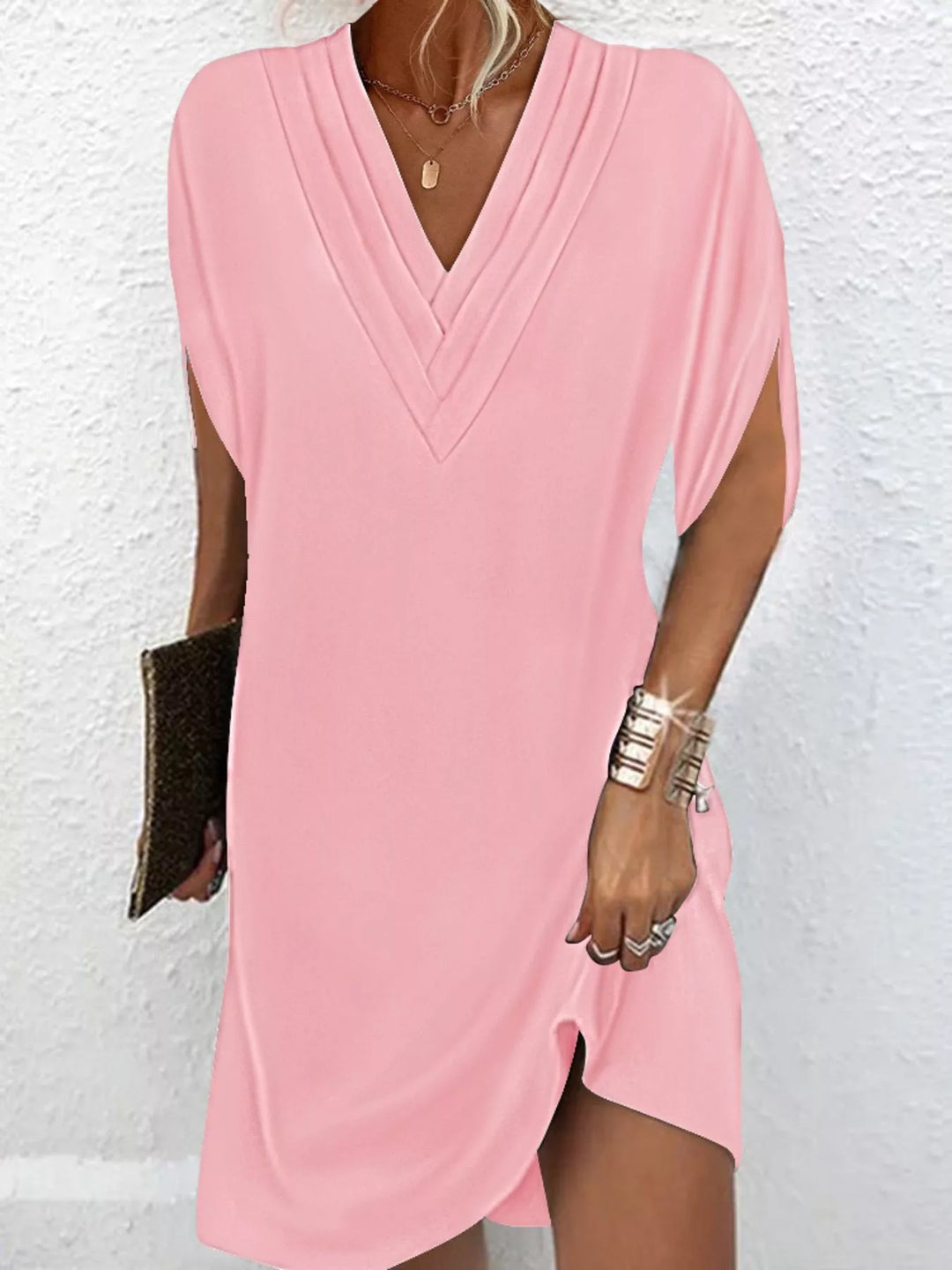 Pleated V-neck split sleeve relaxed mini dress