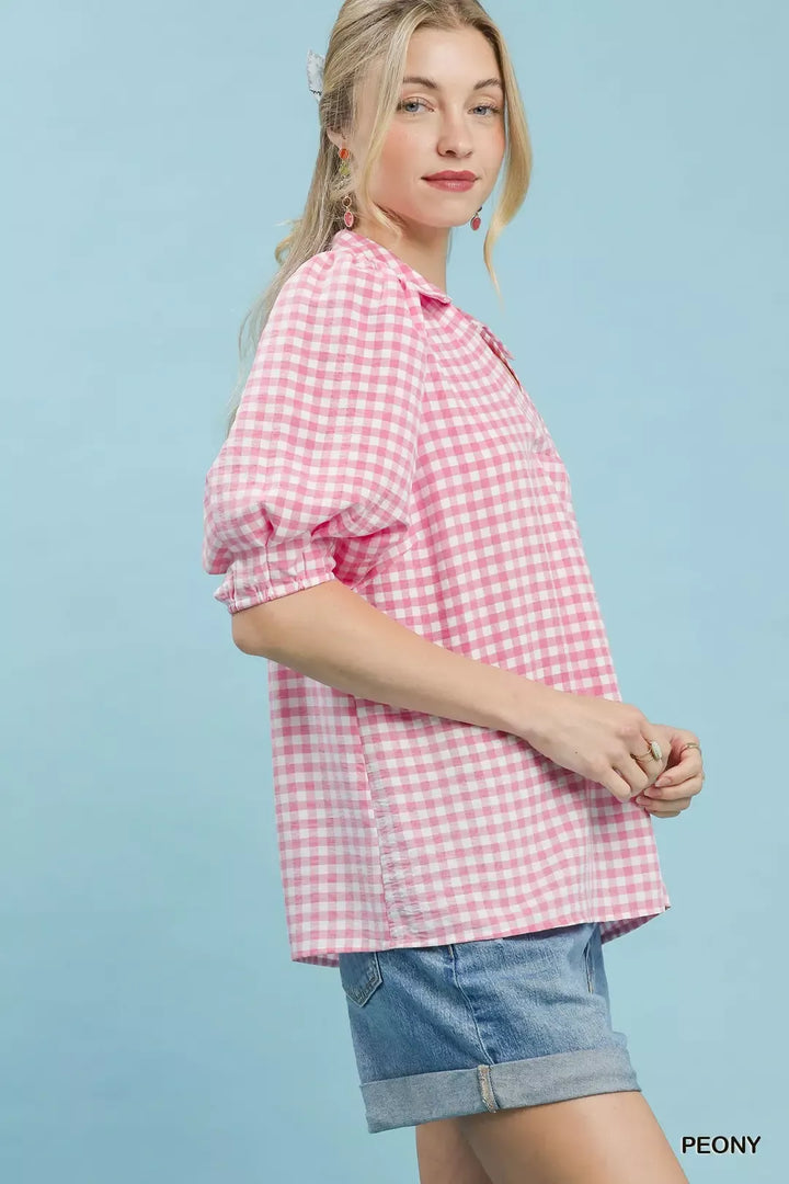 Gingham puff sleeve collared blouse with split V-neck