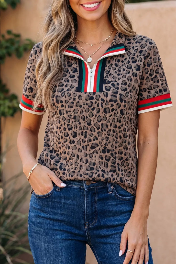 Leopard Leopard half-zip short sleeve top with striped collar and cuffs