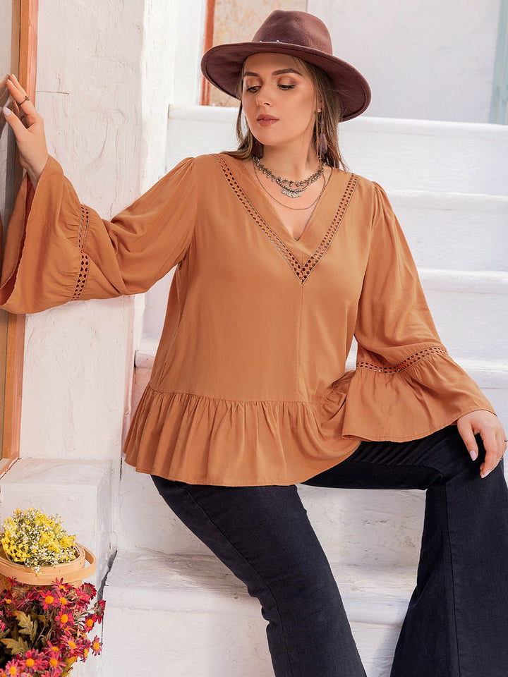 Plus size crochet-trim V-neck peplum blouse with flare sleeves