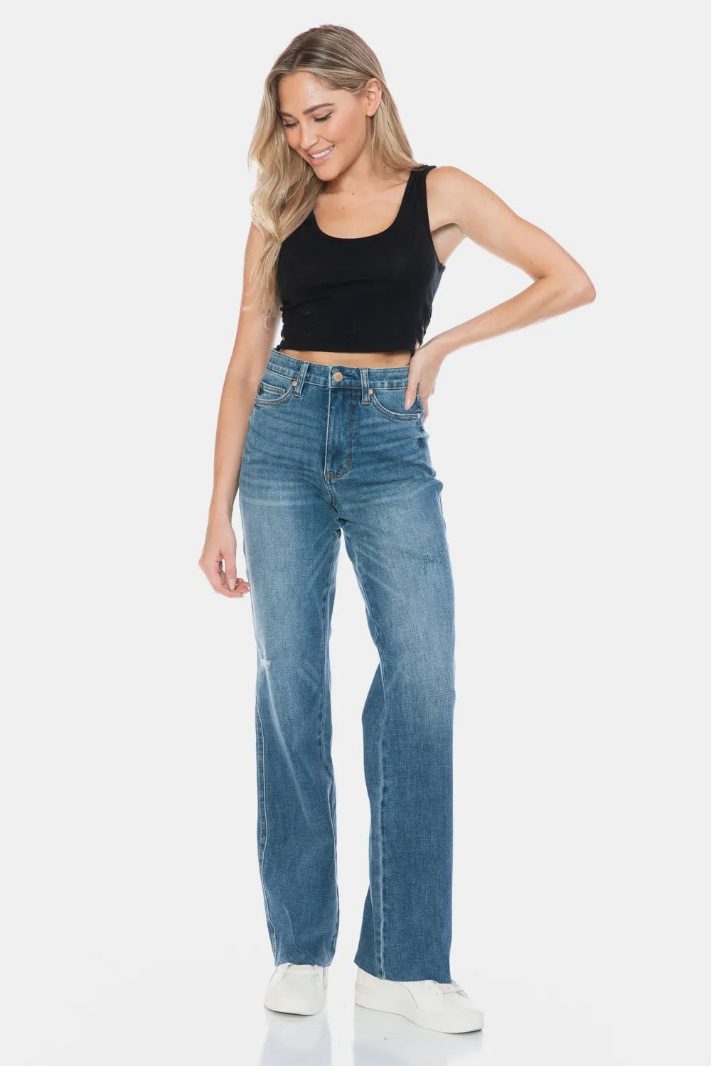 High-rise tummy control straight jeans with raw hem
