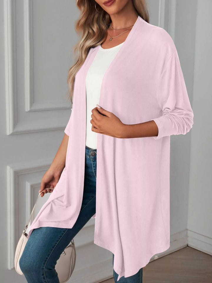 Blush Pink Lightweight open front cardigan with draped waterfall hem