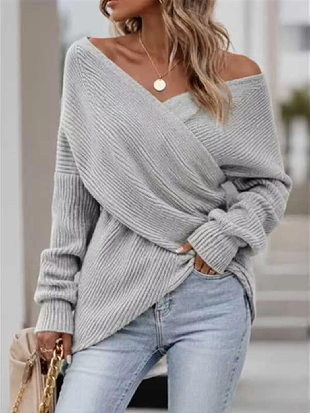Gray Crisscross wrap front ribbed knit sweater with dolman sleeves