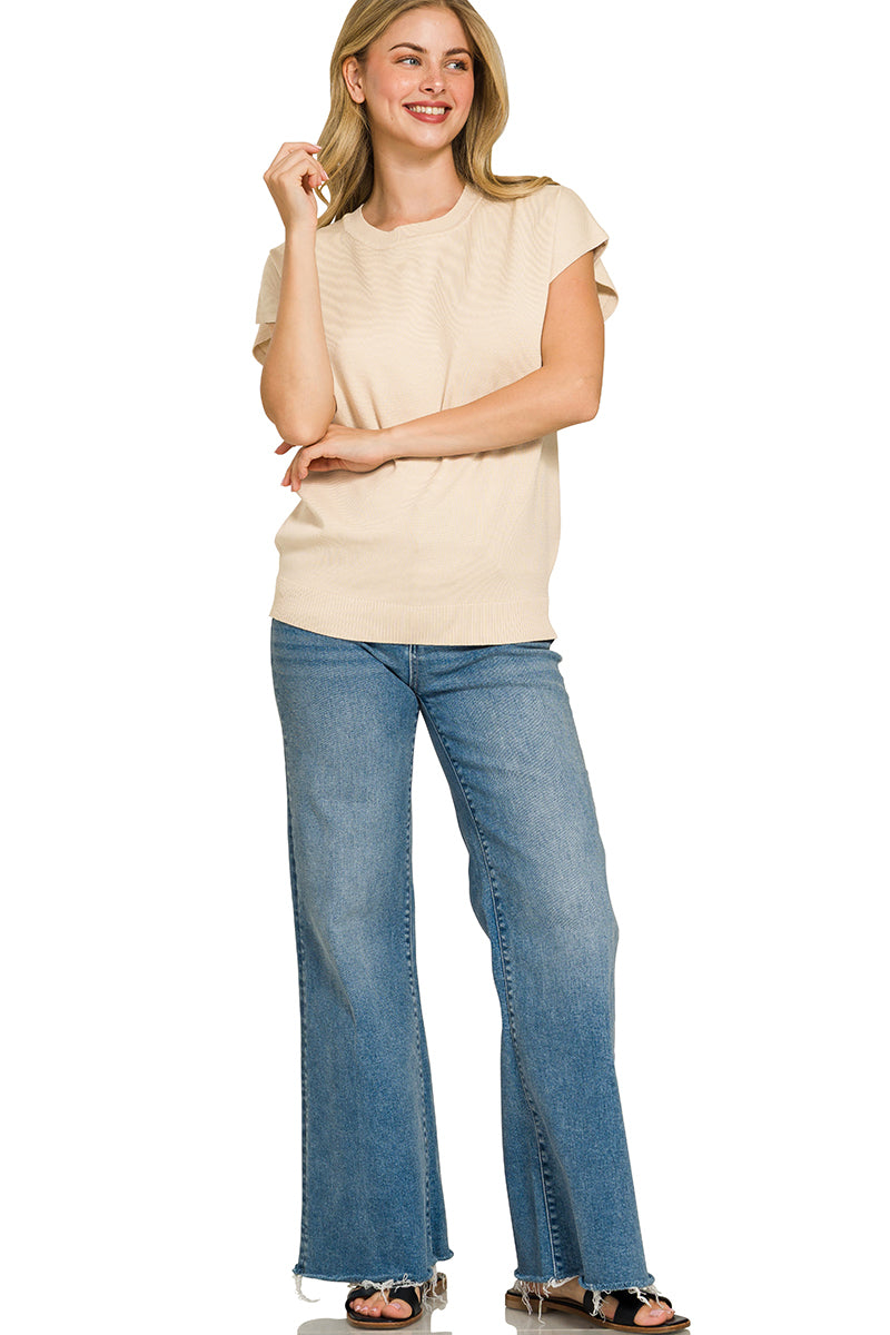 Ribbed knit short sleeve sweater top with structured shoulders