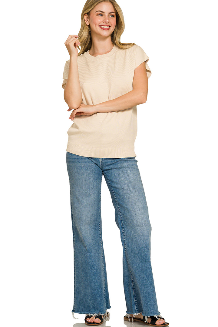 Ribbed knit short sleeve sweater top with structured shoulders