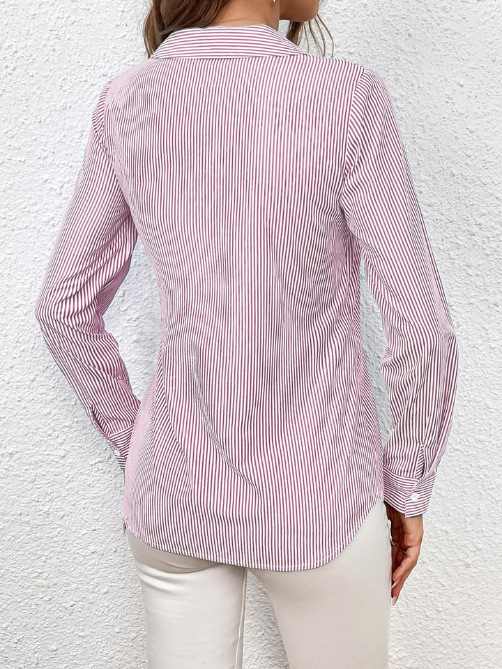 Striped wrap blouse with bow tie waist and Johnny collar