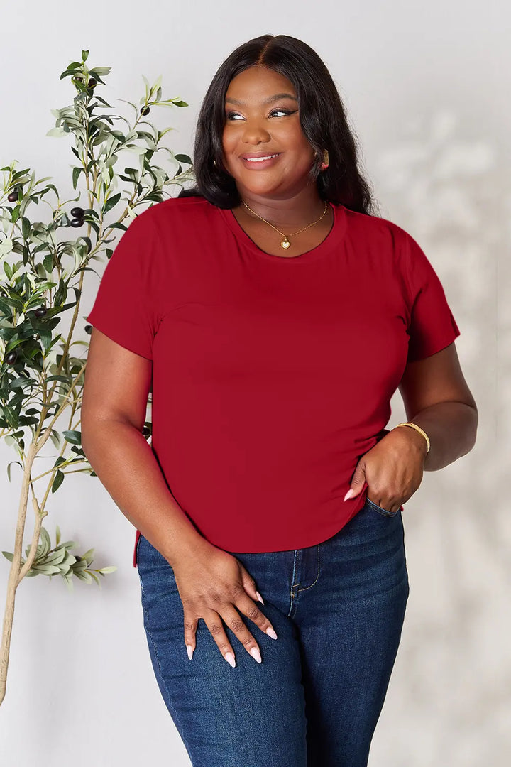 Round neck short sleeve tee in soft rayon knit
