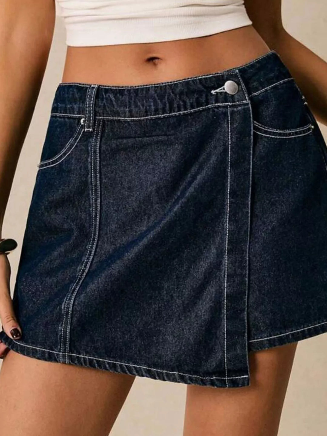 Contrast-stitch denim button-up crop shirt and skort set