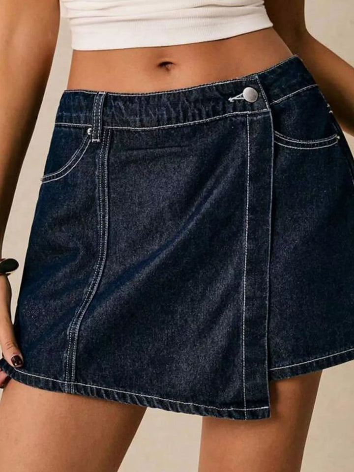 Contrast-stitch denim button-up crop shirt and skort set