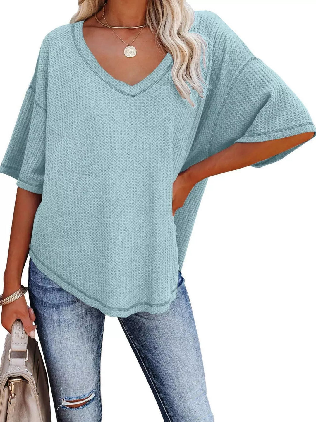 Waffle knit v-neck drop shoulder short sleeve tee