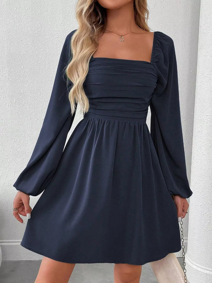 Ruched square-neck balloon sleeve A-line mini dress