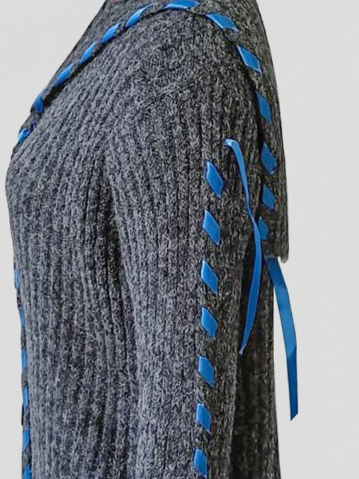 Ribbed knit button-front cardigan with contrast ribbon trim