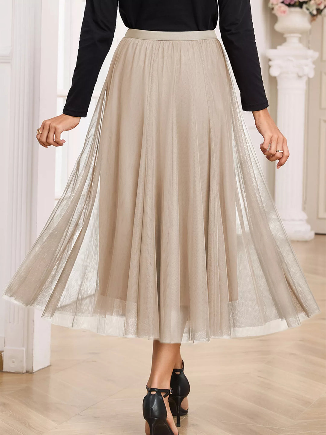 Tulle mesh overlay flared midi skirt with lace underlayer