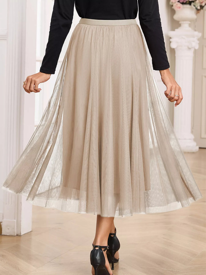 Tulle mesh overlay flared midi skirt with lace underlayer