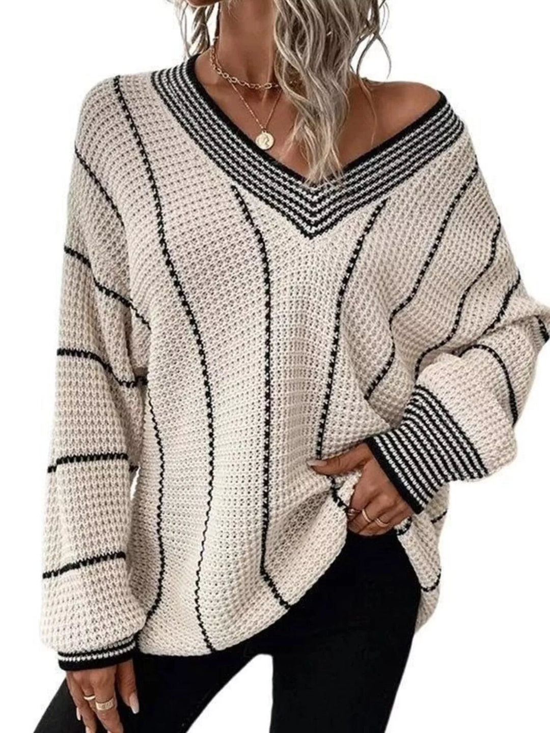 Gray/white Waffle knit V-neck sweater with contrast stripe trim