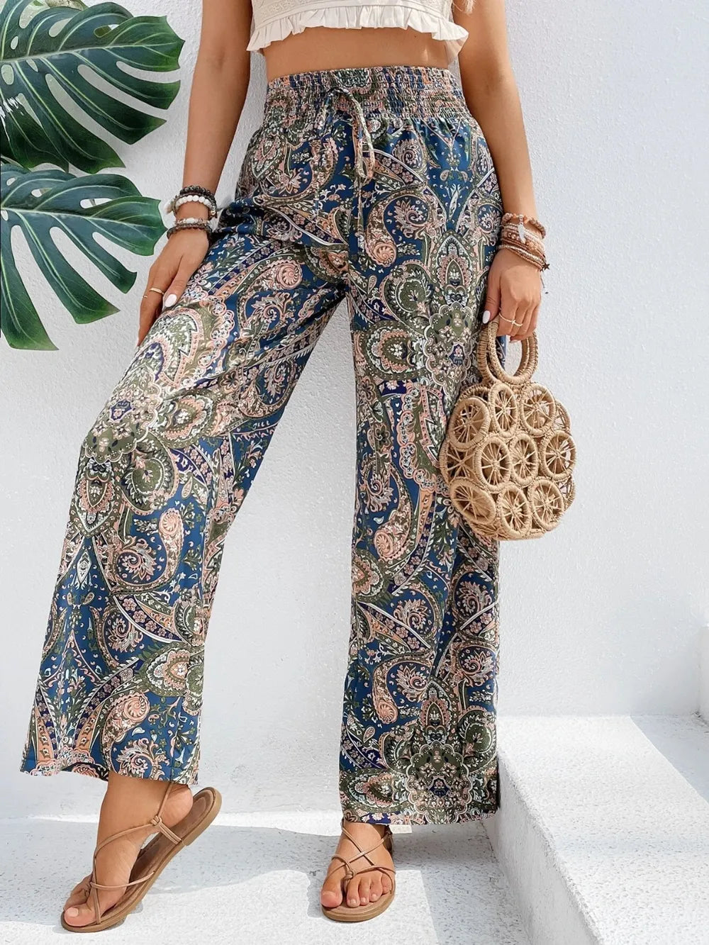 Paisley print wide-leg pants with drawstring waist