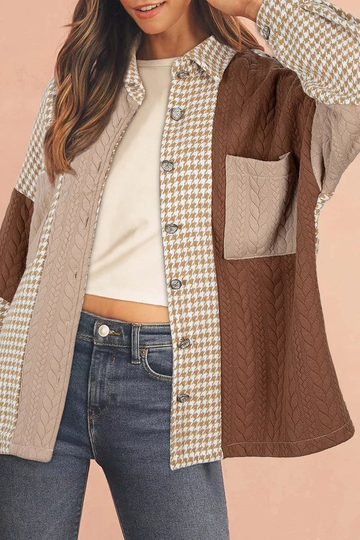 Brown Houndstooth color block button-down shacket with chest pocket