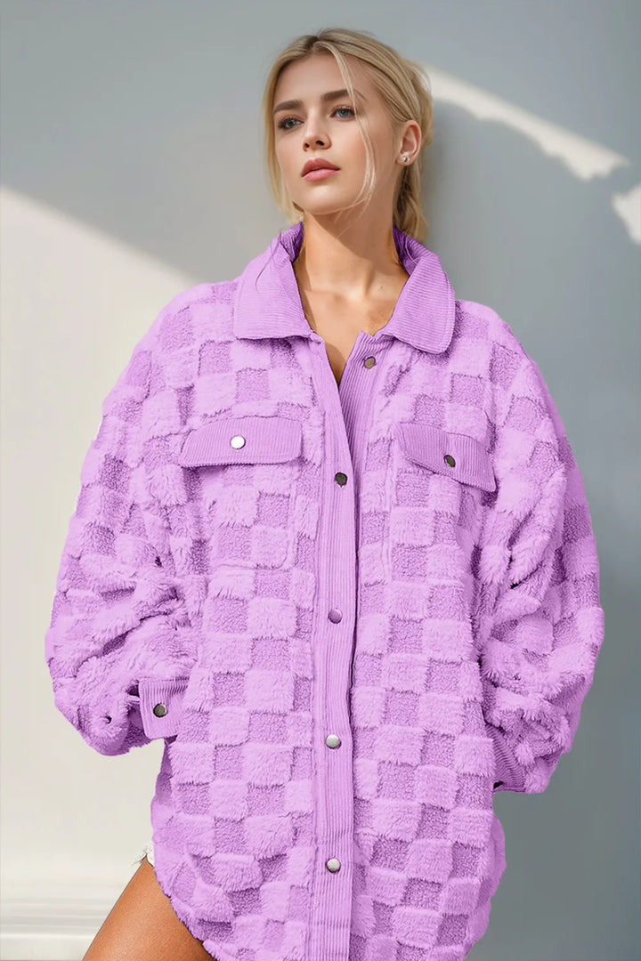 Lilac Fuzzy checkered snap-button shacket with corduroy trim