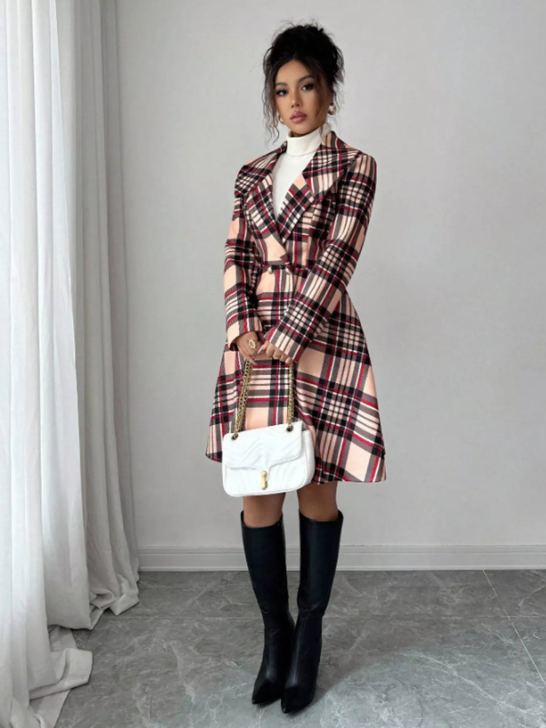 Plaid notch lapel button-front long sleeve coat
