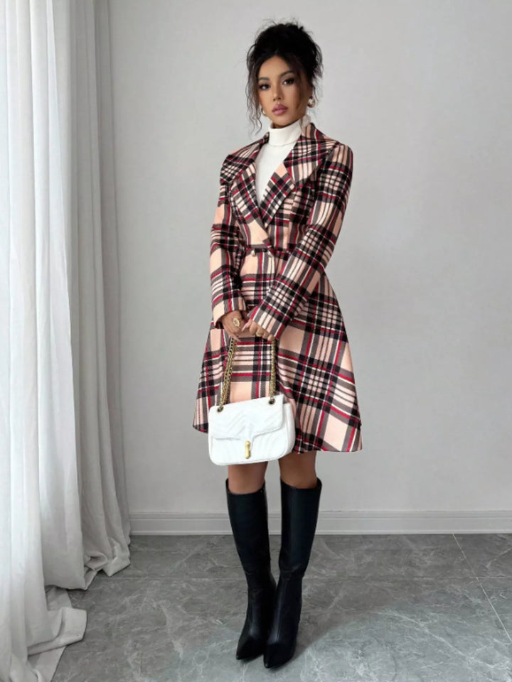 Plaid notch lapel button-front long sleeve coat