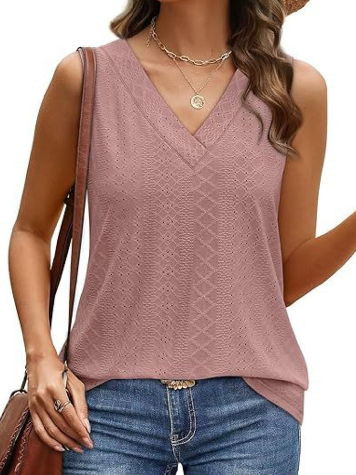 Eyelet V-neck sleeveless tank with diamond texture