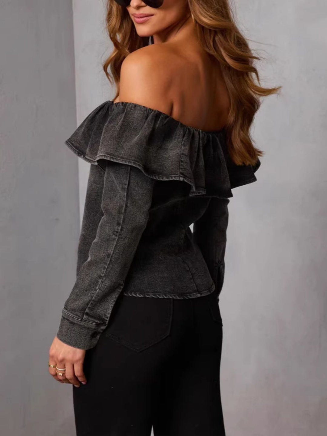 Off-shoulder ruffled denim top with button front