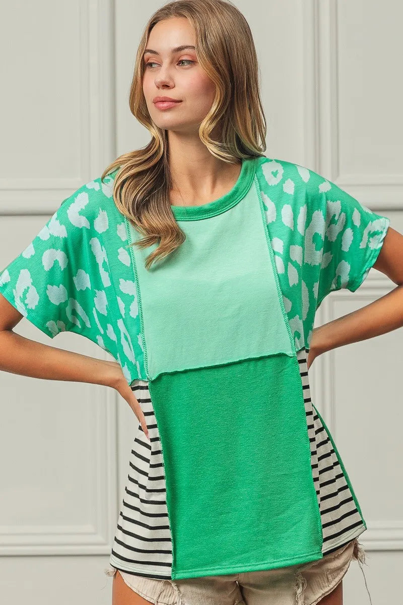 Leopard and stripe color block top with exposed seams
