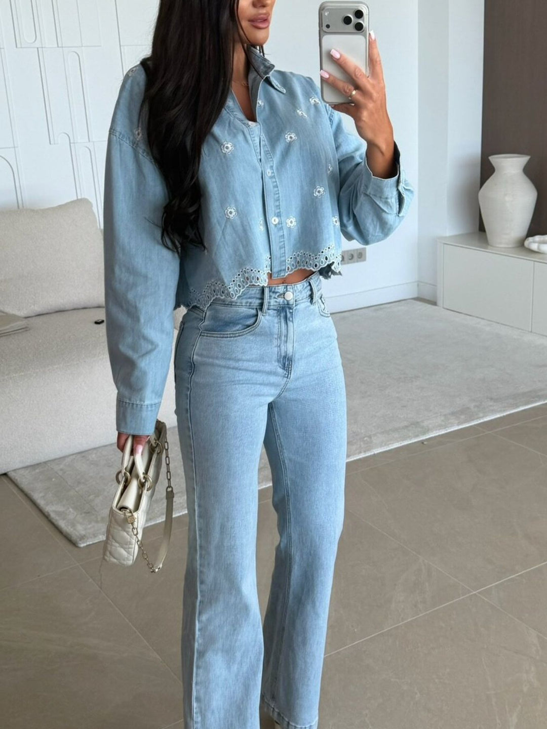Floral embroidered cropped denim shirt with scalloped hem