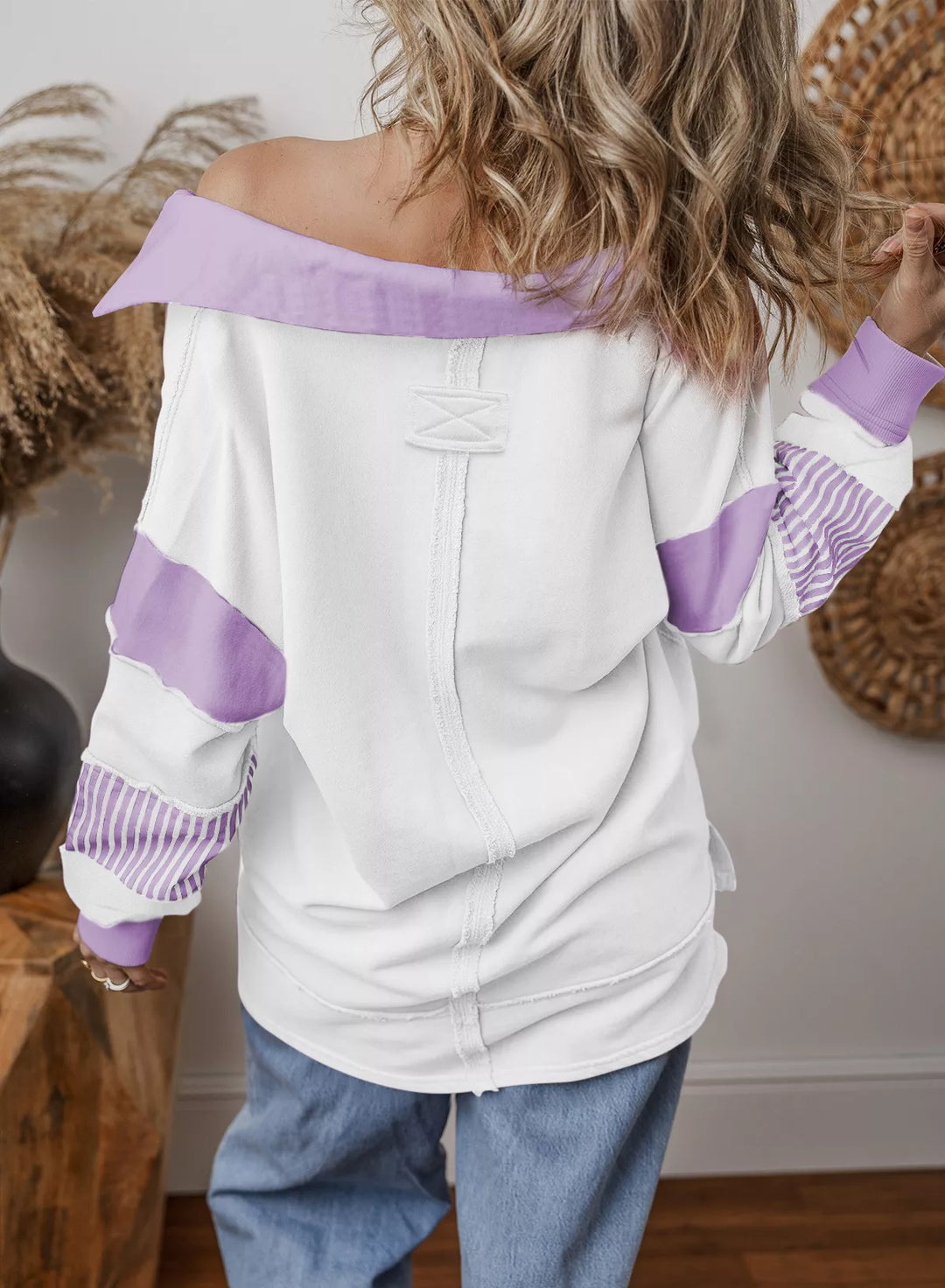 Color block striped Johnny collar sweatshirt with exposed seams