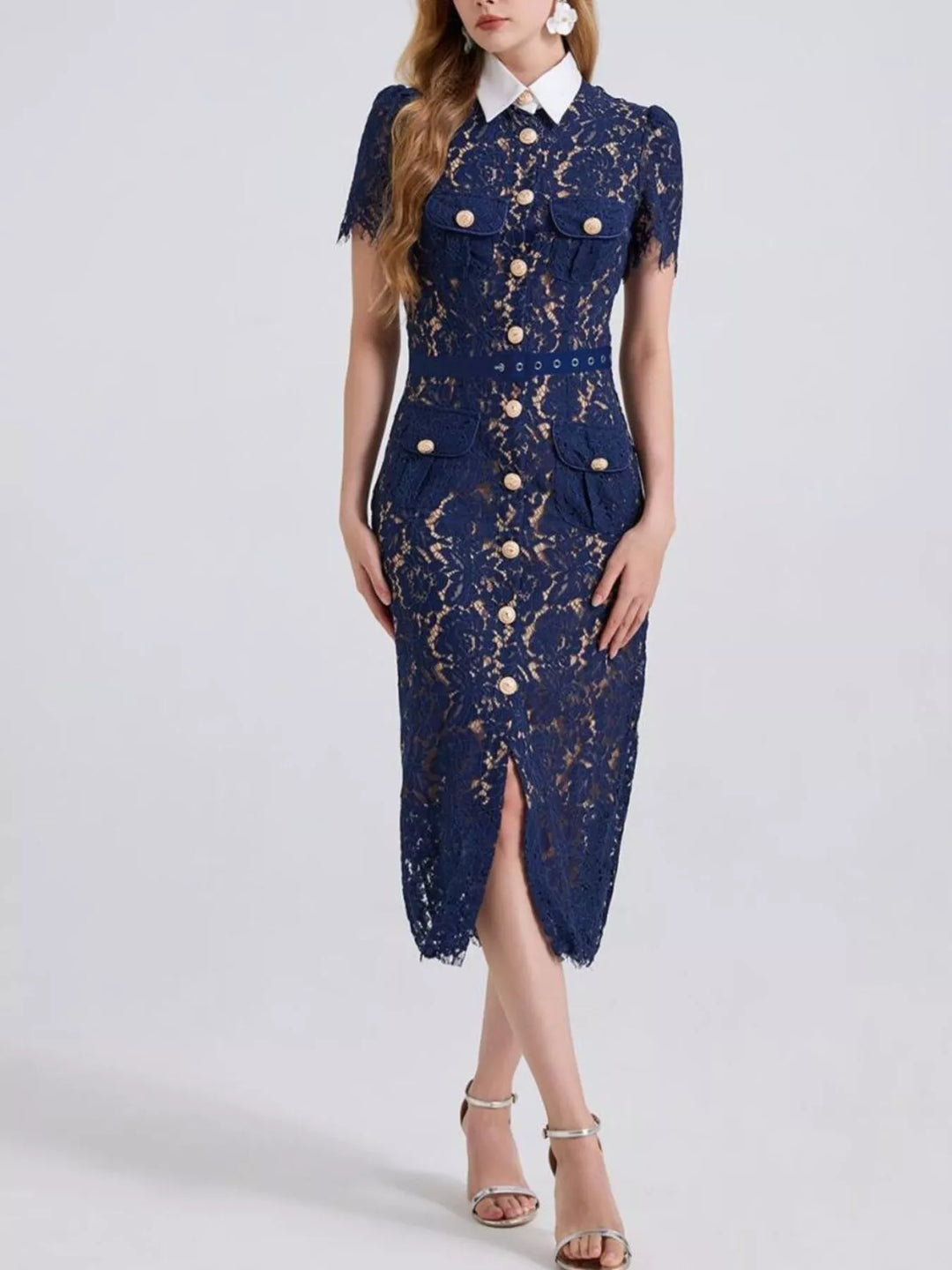 Belted floral lace midi shirt dress with contrast collar