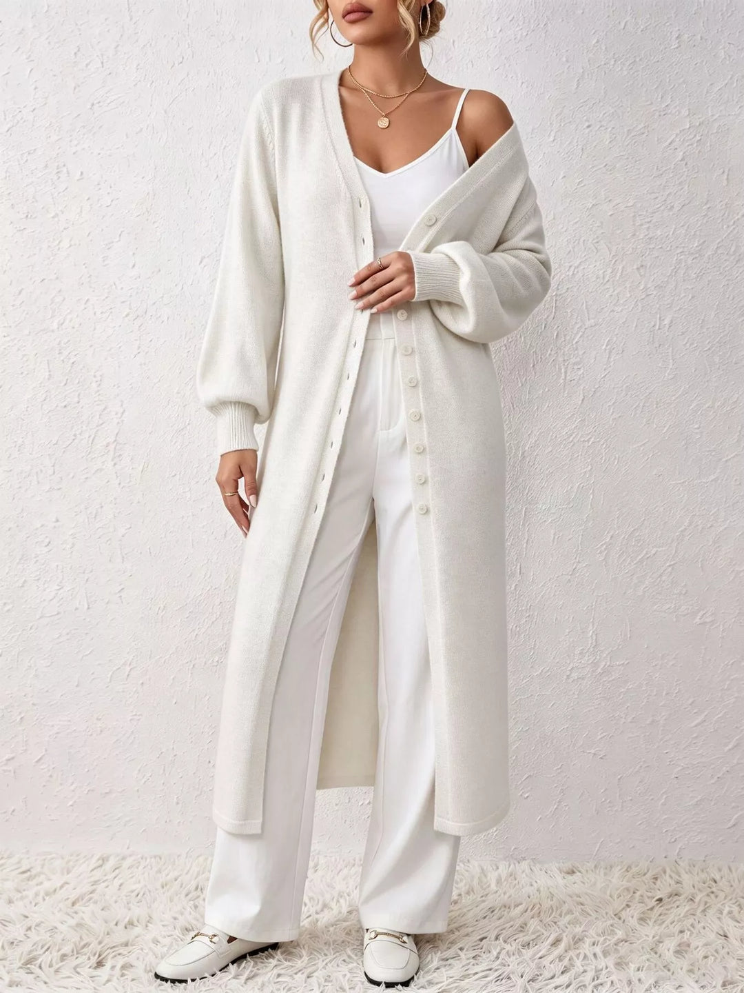 Button-front V-neck knit sweater midi dress