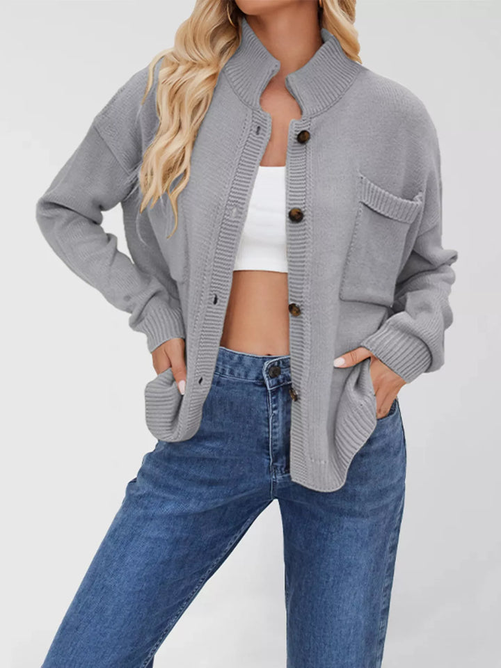 Grey Dropped shoulder button-up knit cardigan with chest pocket