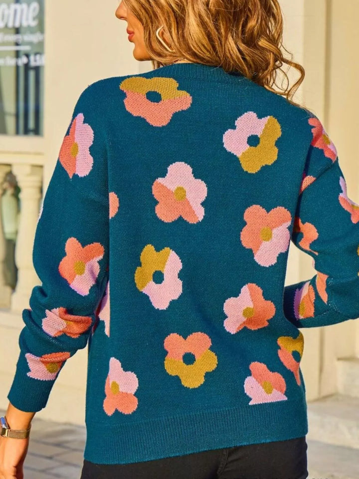 Retro floral crew neck knit pullover sweater