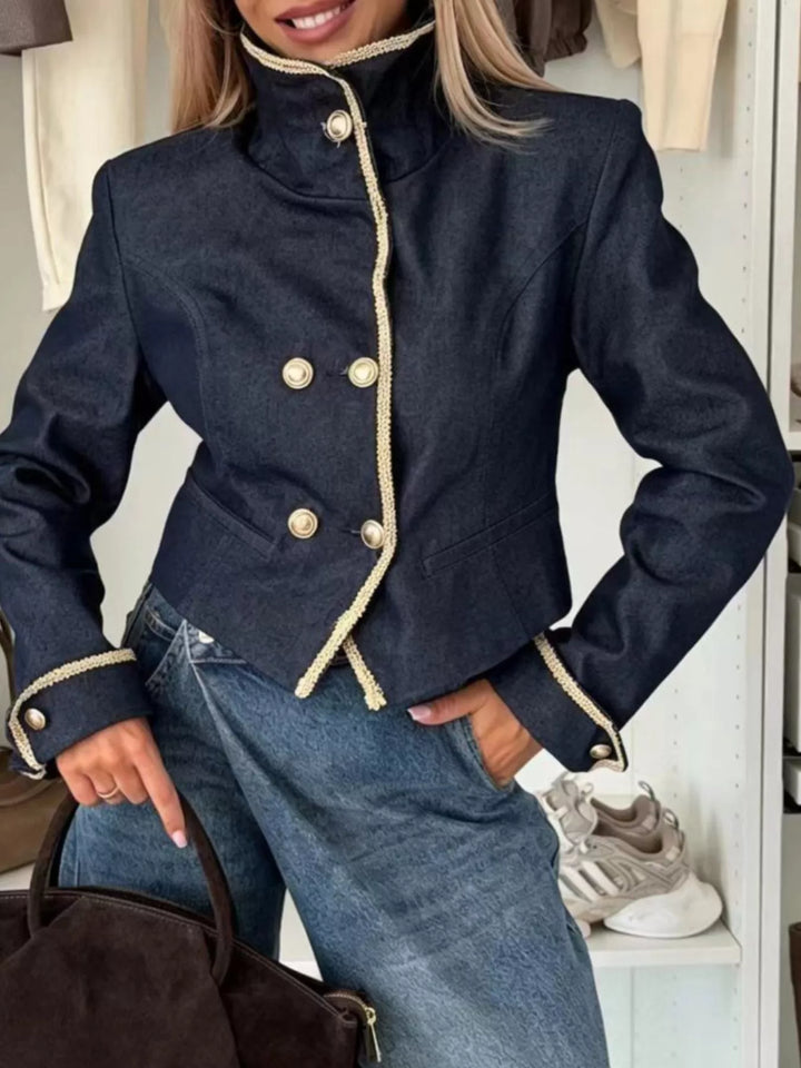 Double-breasted cropped jacket with contrast braid trim