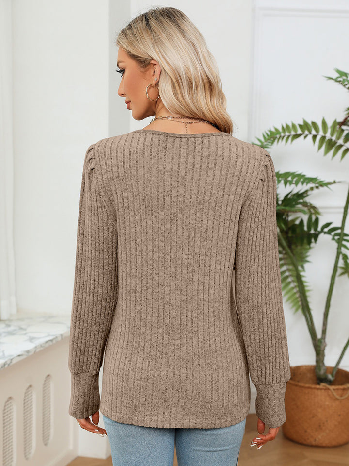 Lace-trim V-neck ribbed knit long sleeve blouse