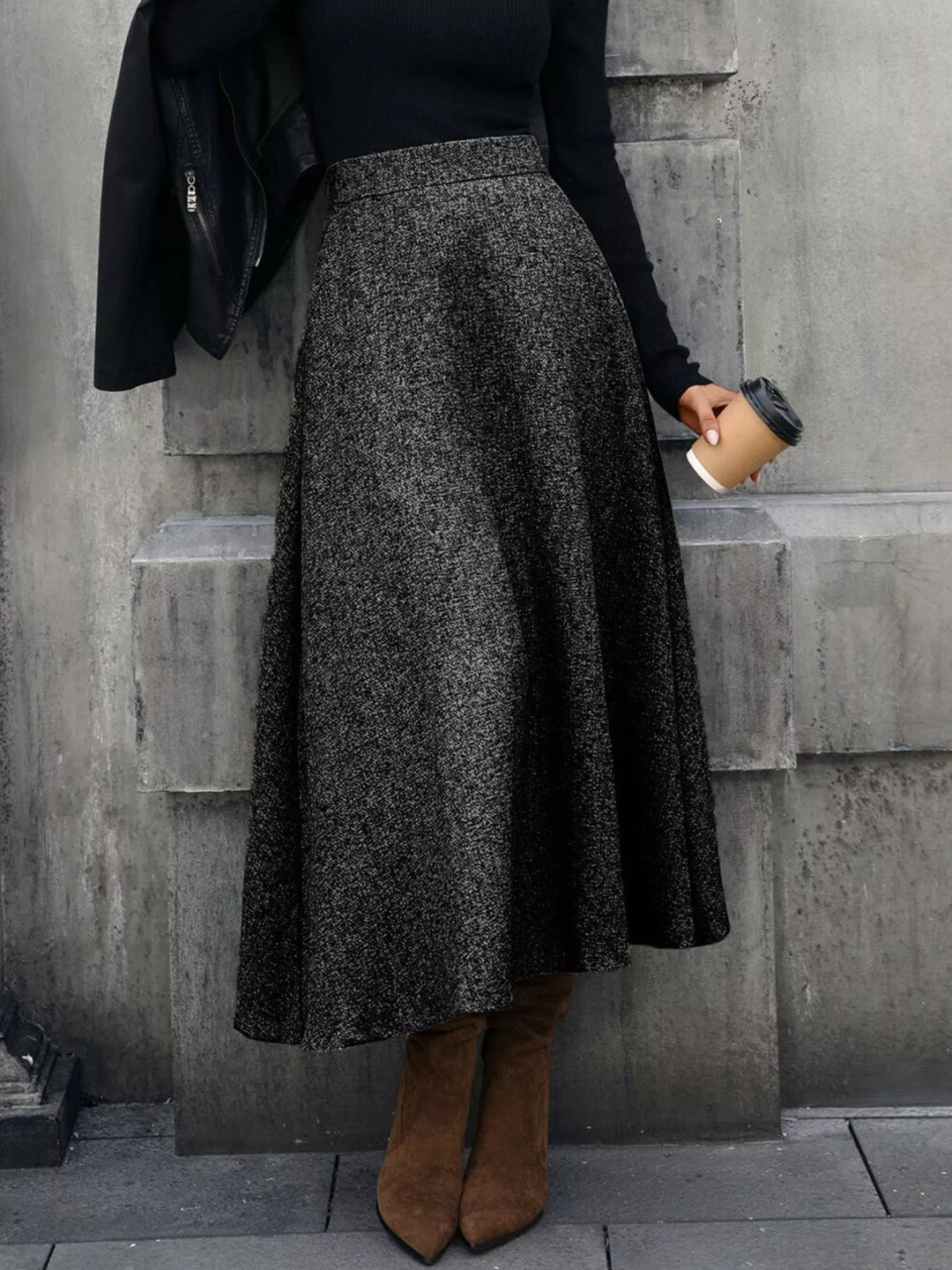 Black High-waist A-line midi skirt with side pockets