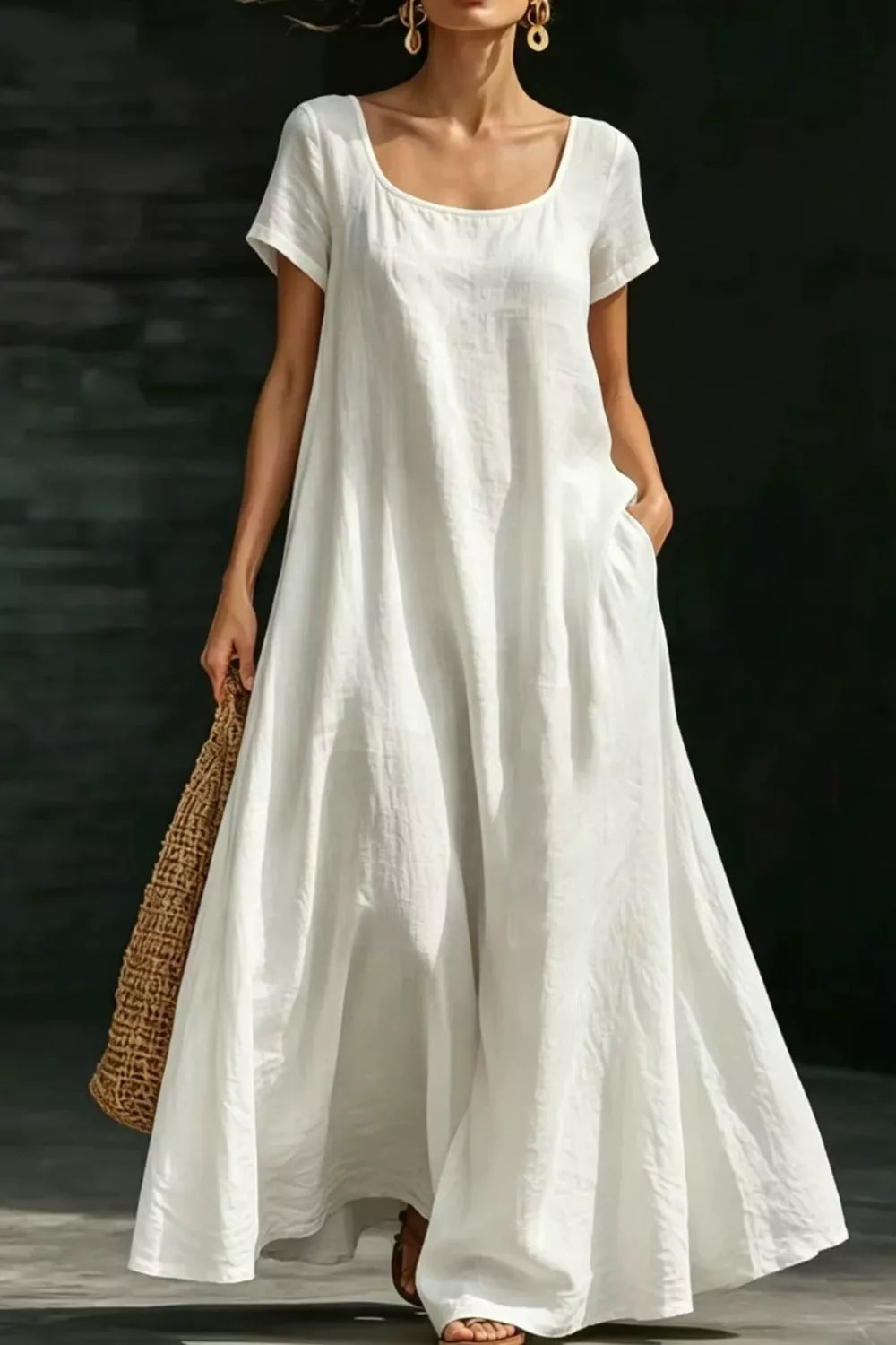 White Relaxed scoop neck short sleeve maxi dress with pockets