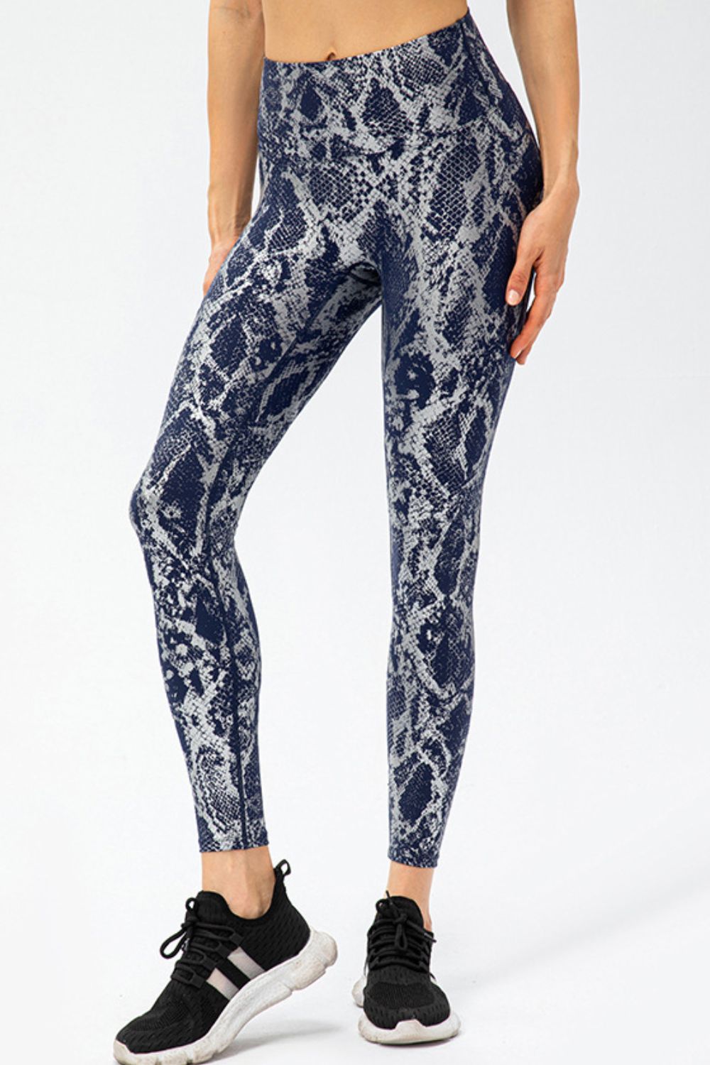 Dark Blue Metallic snakeskin print wide waistband workout leggings