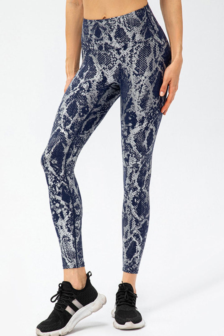 Dark Blue Metallic snakeskin print wide waistband workout leggings