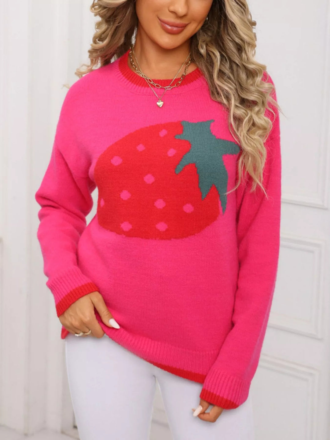 Strawberry graphic crew neck knit sweater