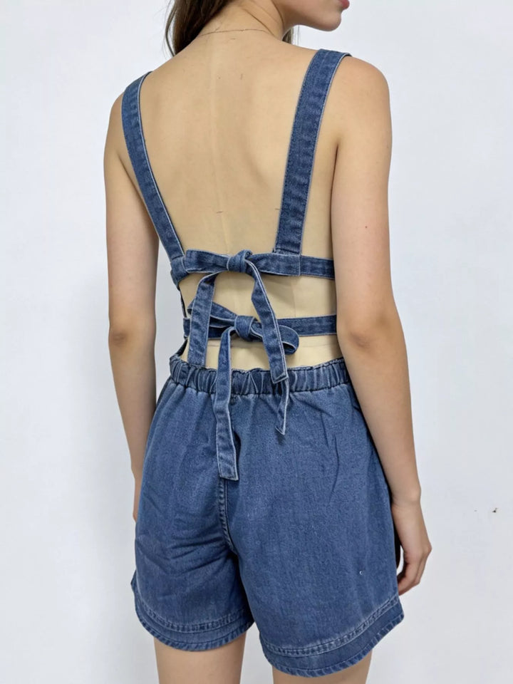 Tie-waist denim overall shorts with adjustable straps